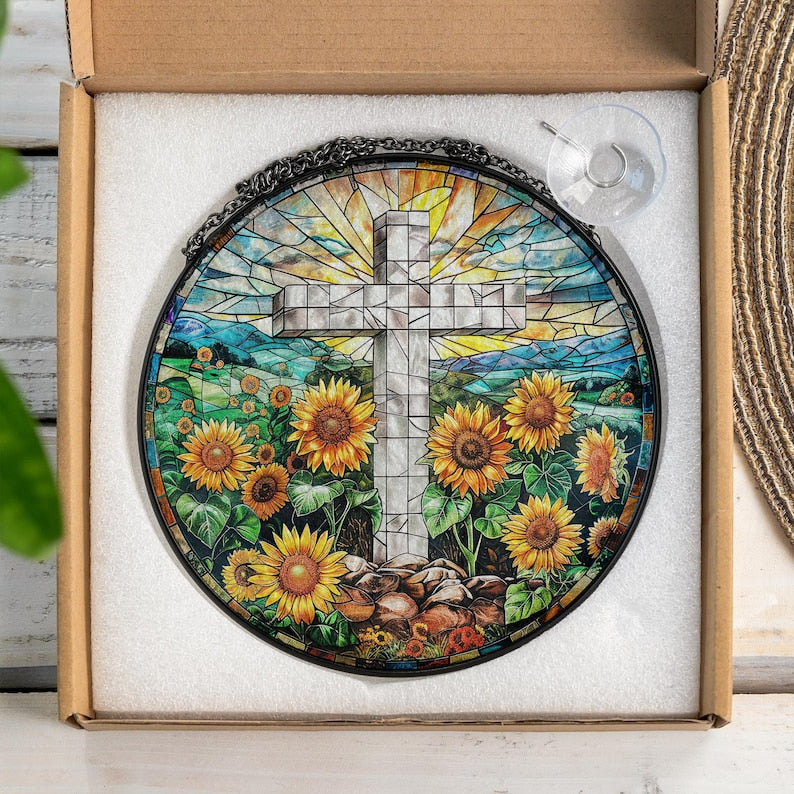 Glas Kreuz Suncatcher: Sonnenblume Christliche Fensterdekoration, 4 Größen