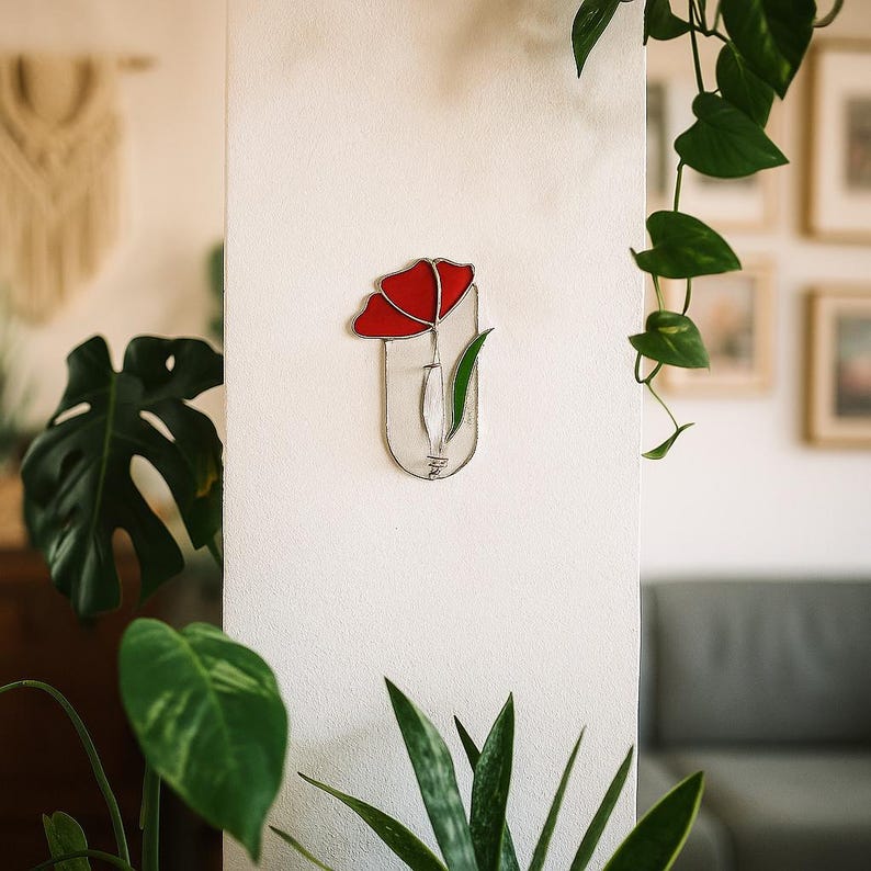Glasmalerei Mohnblumen Wandvase Tiffany-Art Suncatcher Pflanzenvermehrungsstation Blumenwandkunst Boho-Dekor