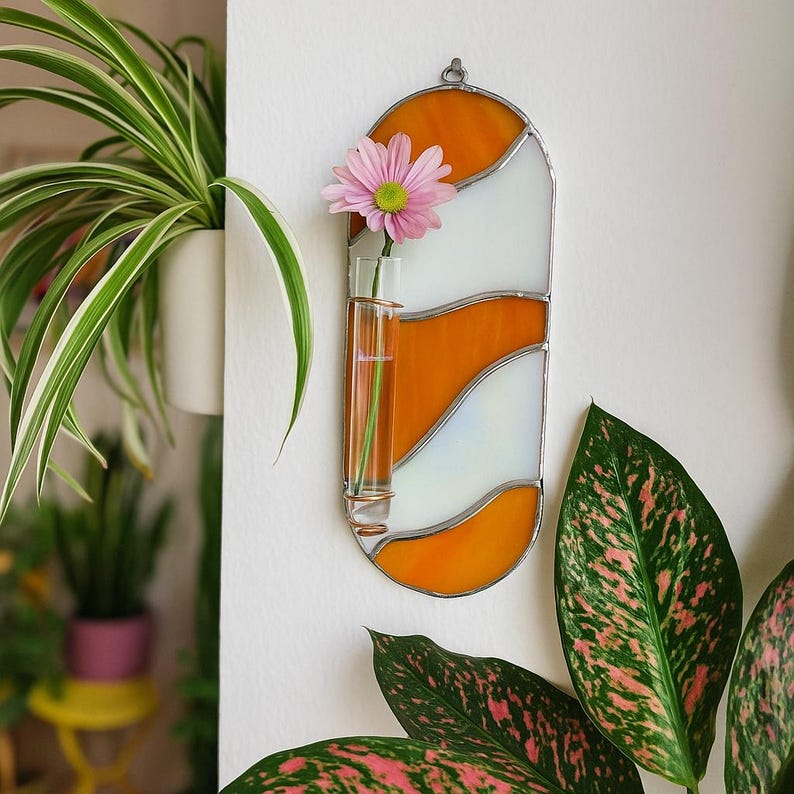 Buntglas-Wandvase Orange-Pink Welle, Tiffany-Kupferfolie, mit Reagenzglas | Vermehrungsstation, Wanddekor