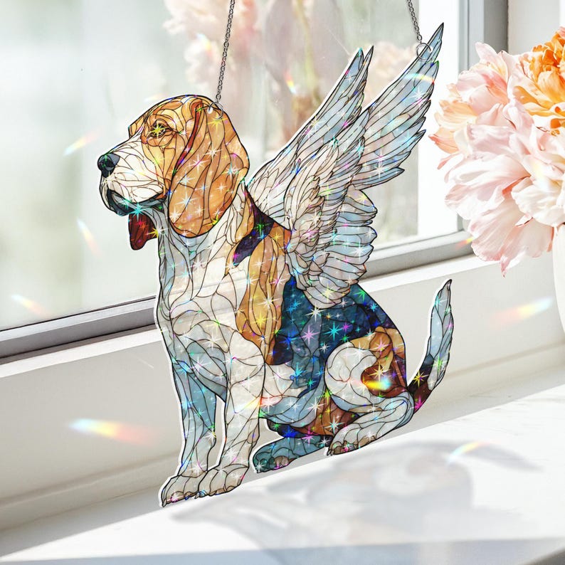 Buntglas Beagle Sonnenfänger - Holographische Acryl Fenster Dekoration mit weißen Engelsflügeln, Regenbogen Lichtfänger
