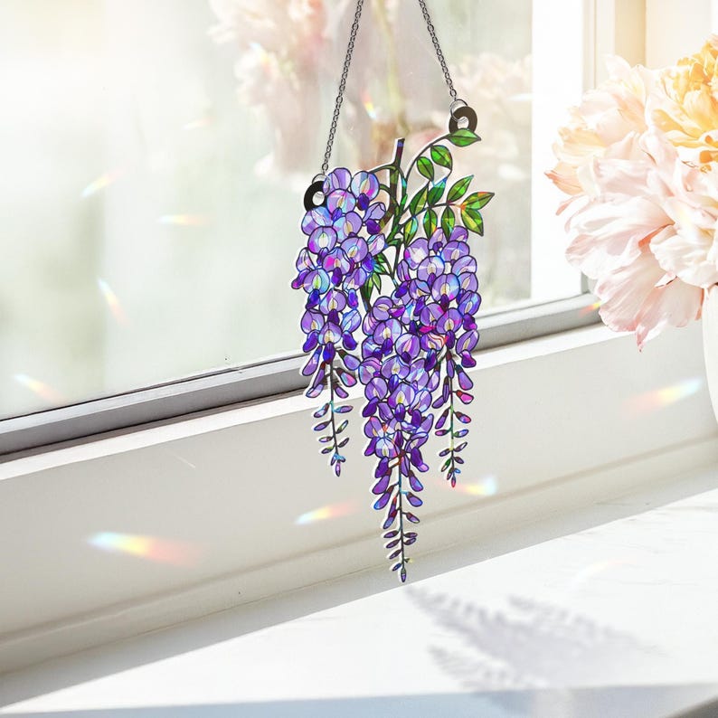 Glyzinien Sonnenfänger Lila Blumenkranz Hologramm Acryl Fensterdekoration
