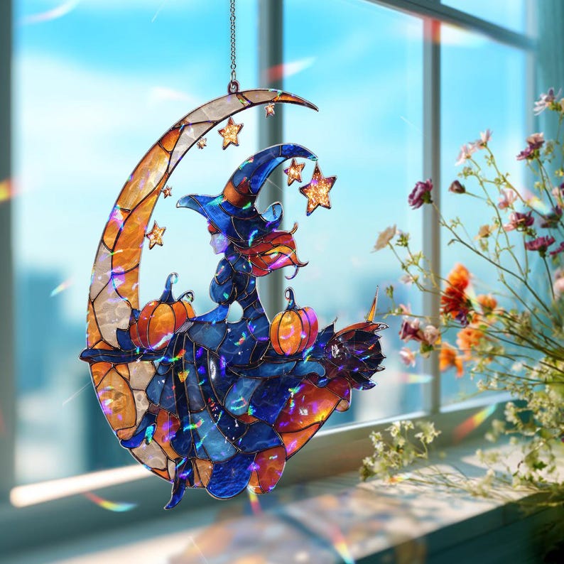 Acryl Suncatcher Hexe auf Halbmond, Faux Glasmalerei Kürbis Fensterschmuck, Gruselige Niedliche Herbst Wohnkultur