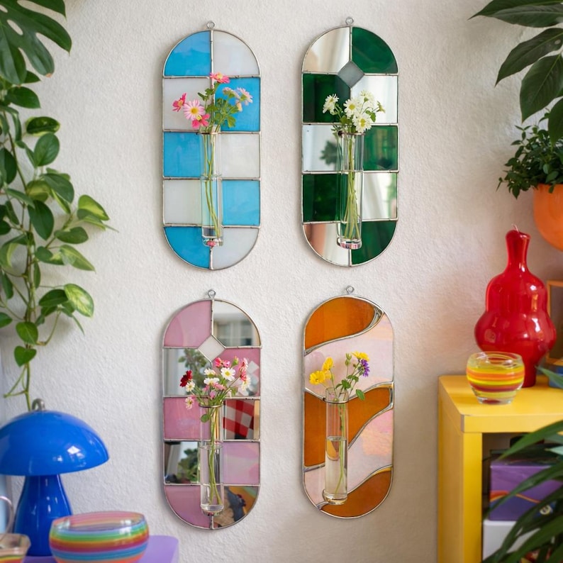 Grüne Buntglas-Wandvase mit Spiegel, Tiffany-Kupferfolie, Reagenzglas, 20 cm