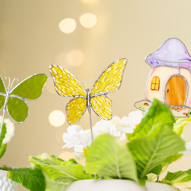 Pilzhaus und Schmetterling Set Stained Glass Plant Stakes Suncatcher Fairy Garden Decor