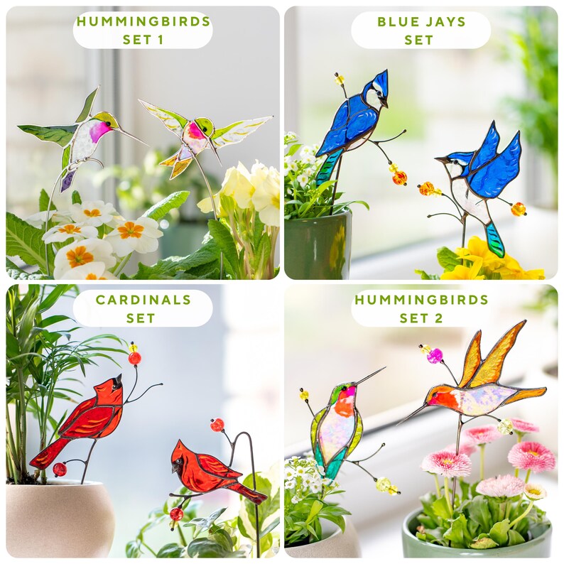 Buntglas Vogel Gartenstecker Kohlmeise für Zimmerpflanzen Topfdekoration Landhausstil Handgefertigt Grau Gelb