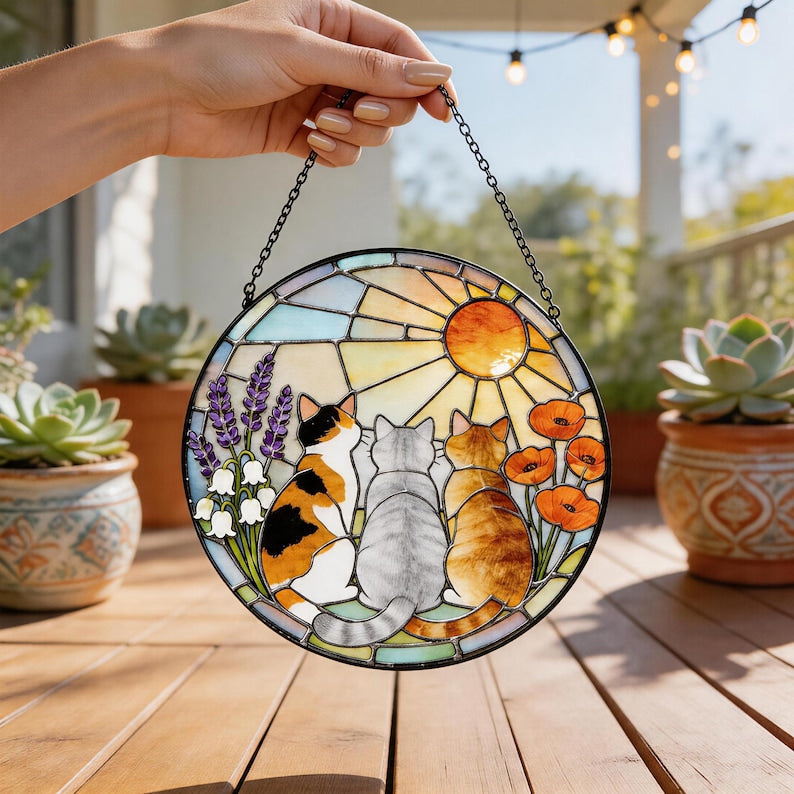 Runder Buntglas-Sonnenfänger mit drei Katzen und Blumen, Fensterhängedekor, 15-38 cm