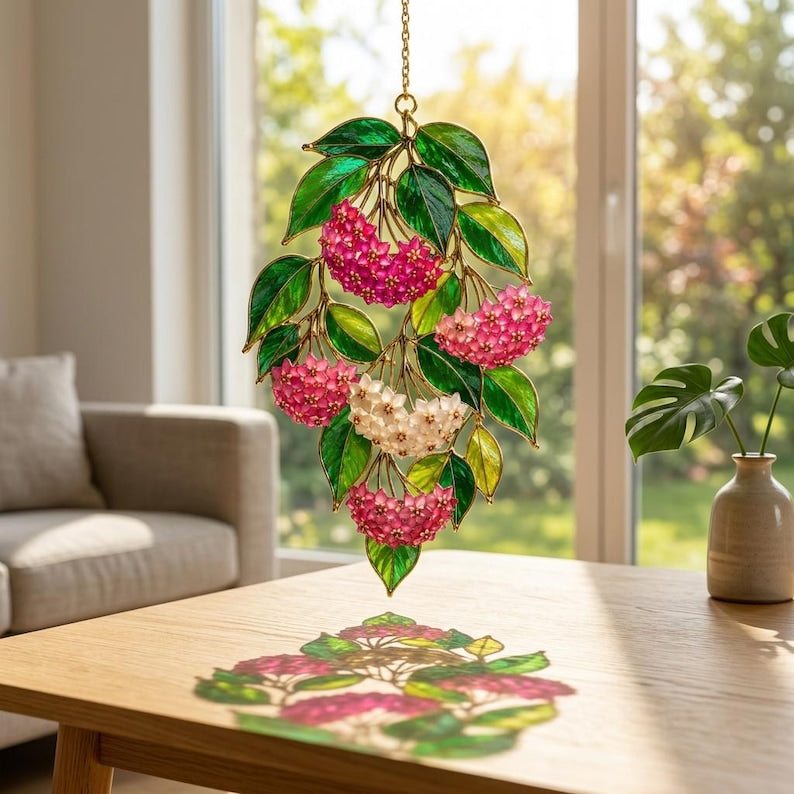 Acryl Sonnenfänger Fensterbild mit Hoya Blüte in Buntglasoptik