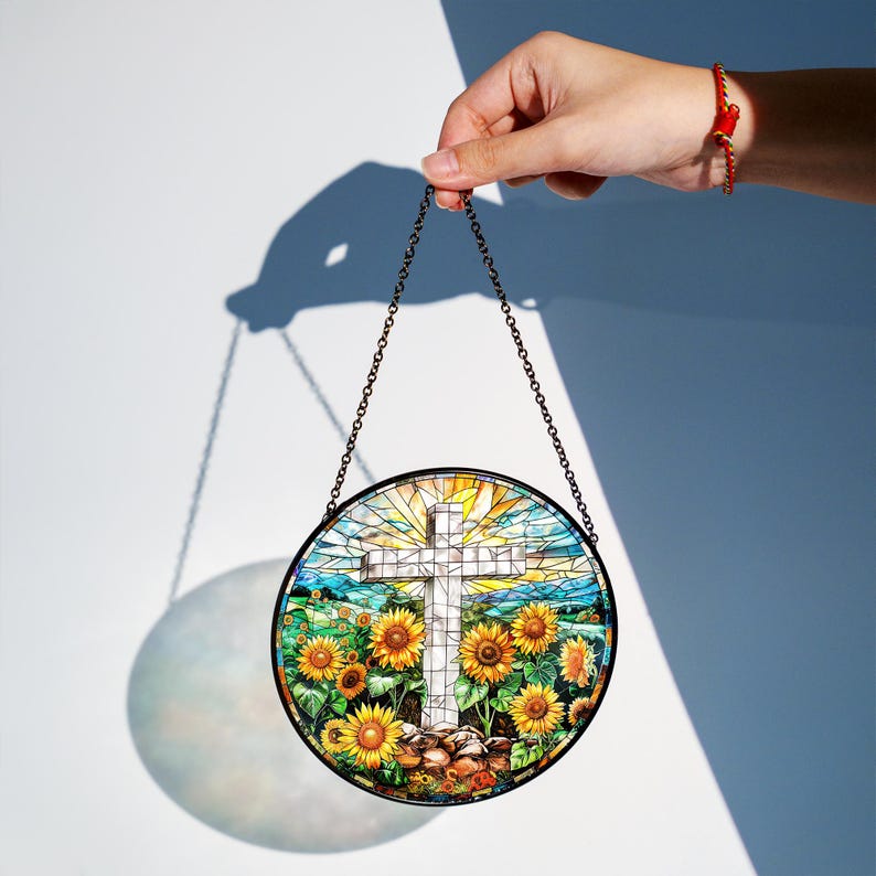 Glas Kreuz Suncatcher: Sonnenblume Christliche Fensterdekoration, 4 Größen