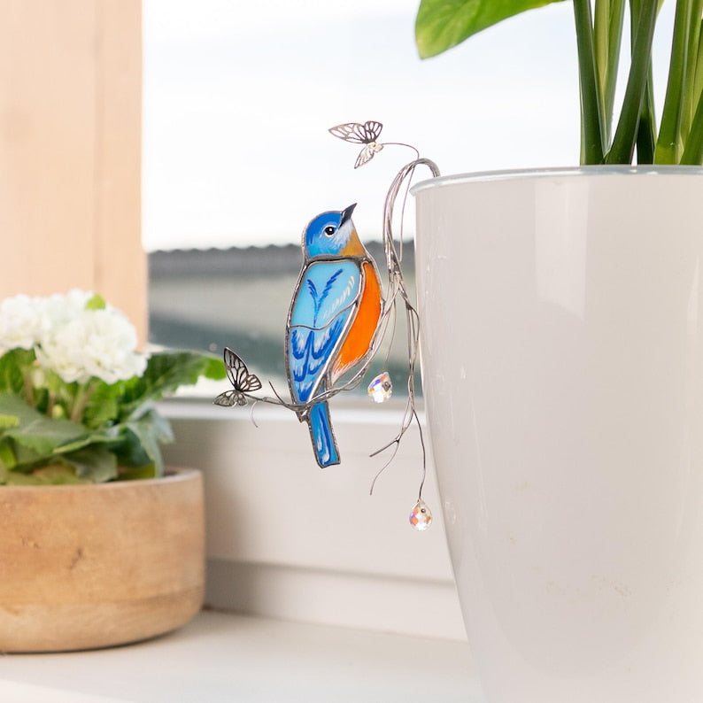 Stained Glass Bluebird Plant Stakes - Handgefertigtes Glas-Dekor mit Kristallen