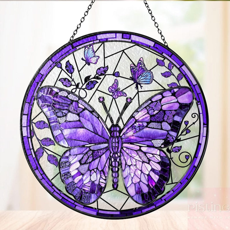 Lila Schmetterling, Buntglas-Sonnenfänger, Fensterdekoration zum Aufhängen, Gartendekoration