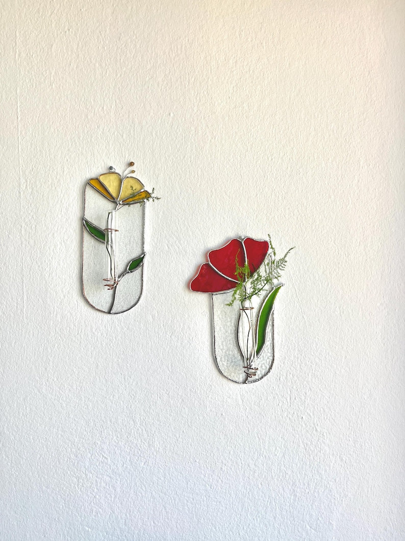 Gelbe Tiffany Glasmalerei-Wandvase mit Reagenzglas, handgefertigt, 21 cm Höhe