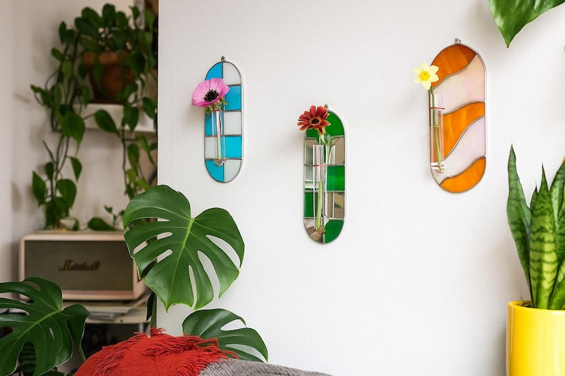 Grüne Buntglas-Wandvase mit Spiegel, Tiffany-Kupferfolie, Reagenzglas, 20 cm