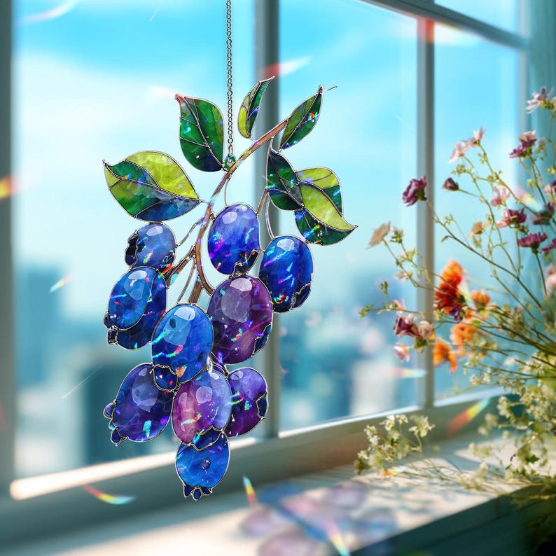 Blaubeere Acryl Suncatcher – Fensterhängedekor mit grünen Blättern, Obst-Design für Küche und Garten