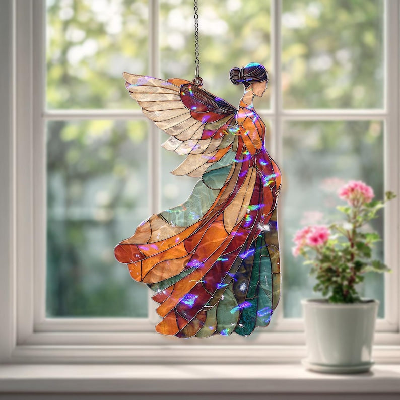 Acryl-Sonnenfänger, Glas-Schutzengel Fensterschmuck, spirituelle geflügelte Figur Wandkunst in warmen Erdtönen