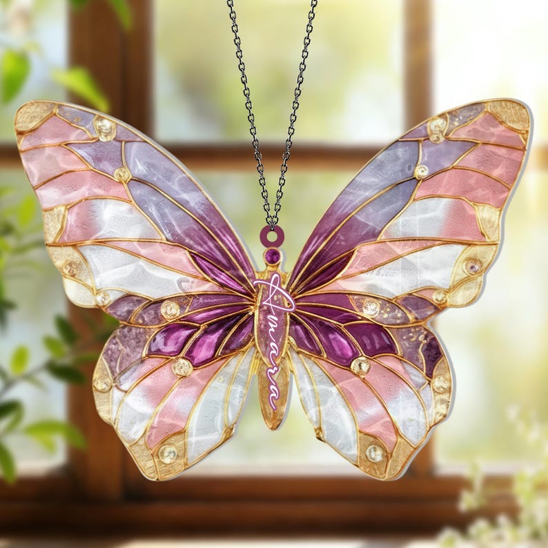 Glitzernder rosa Schmetterling Acrylverzierung Fensterbehang Boho Hausgarten-Dekor Regenbogen-Lichtfänger