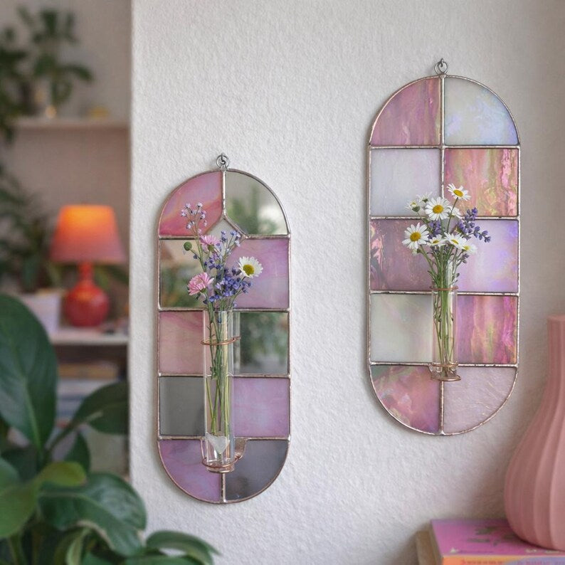 Glasmalerei-Wandvase rosa weiß Schachbrett, Boho Gartenkunst, Tiffany-Kupferfolie