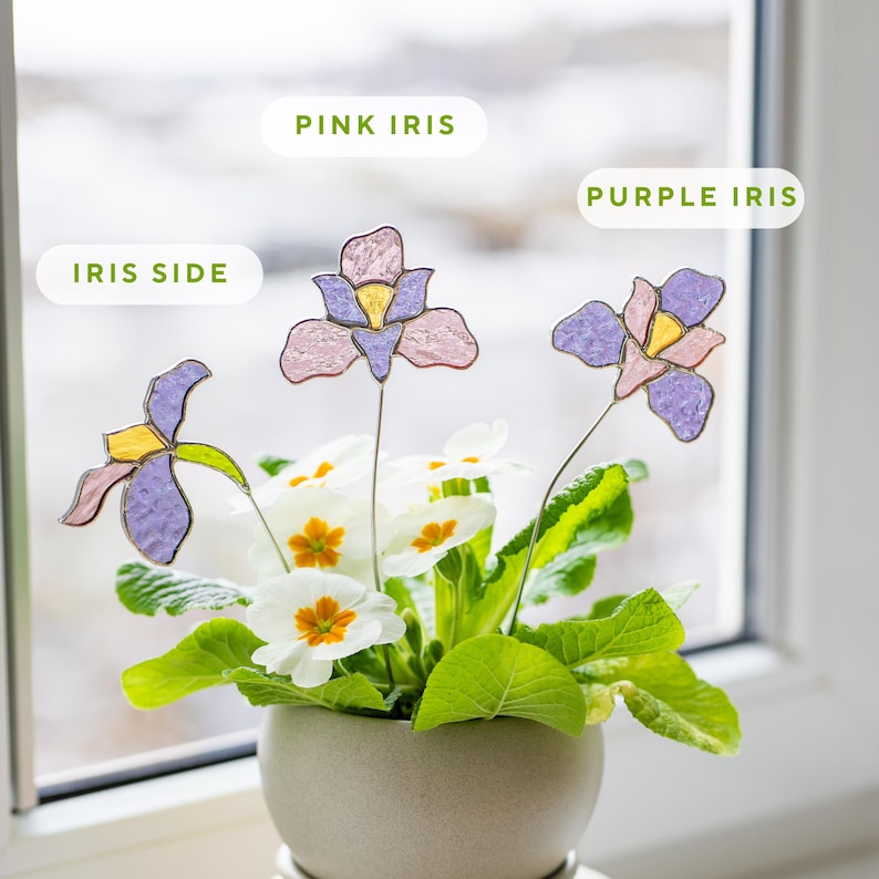 Iris Stained Glass Plant Stakes - Cottagecore Dekoration, Frühlingsblumenakzent für Blumentöpfe