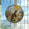 Glasmalerei Suncatcher Glückskatze Fensterbehang mit Wildblumen, 10-30 cm, Metallrahmen, Saugnapf