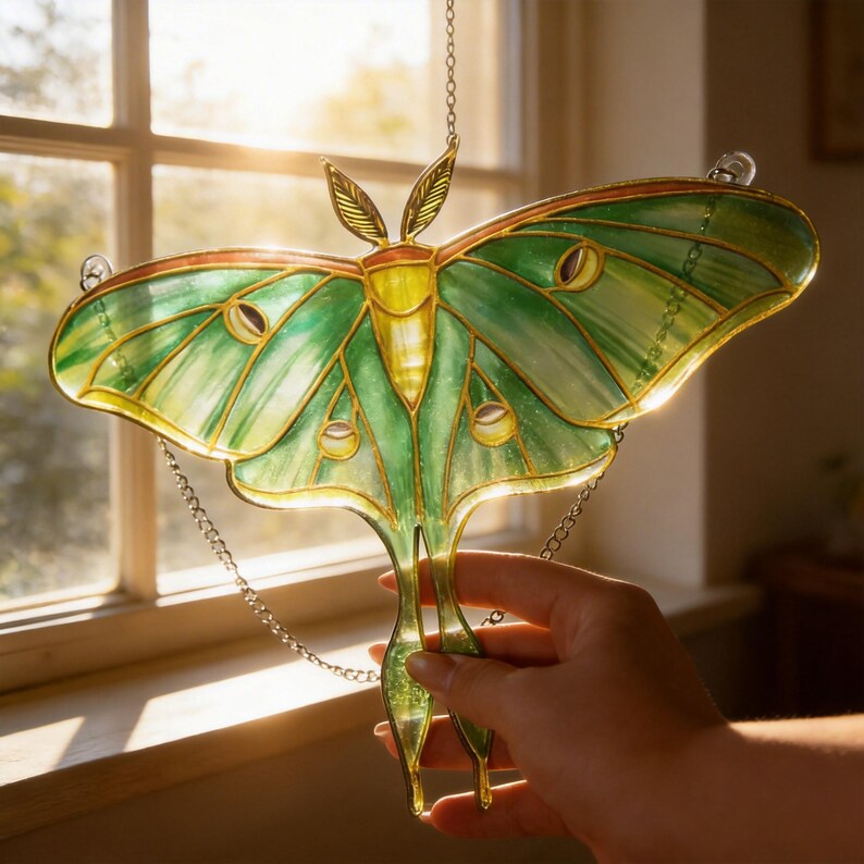 Grüne Motte Glasmalerei-Verzierung Schmetterling Fenster hängend Suncatcher-Dekoration Buntglas 20x20 cm
