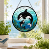 Runder Orca Glasmalerei Suncatcher - Fensterbehang mit zwei Schwertwalen in Meereswellen - Ozean Wanddeko