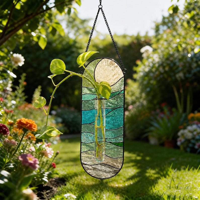 Hängende Pflanzenvase mit Ozeanwellen-Design, Glasvermehrungsstation, hydroponischer Pflanzenhalter, Küstenfensterdekor, 17-26 cm