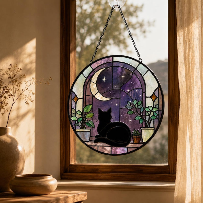 Schwarze Katze Buntglas Sonnenfänger Halbmond Fensterschmuck Gothic Dekoration