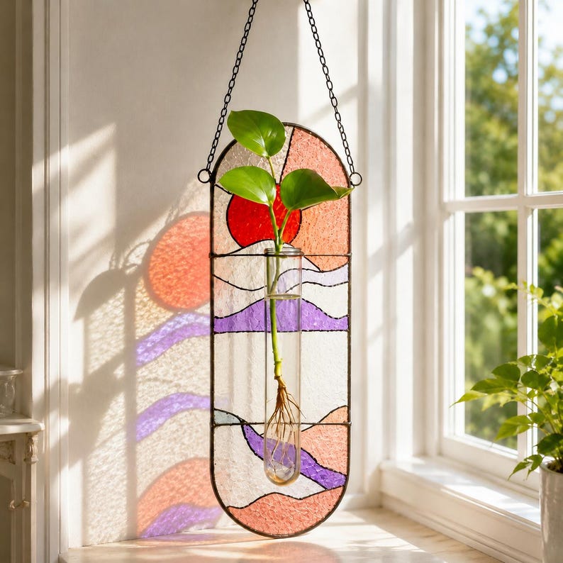 Hängende Glas-Vermehrungsvase Suncatcher, Fensterdeko, handgefertigter Pflanzenhalter, 3 Designs