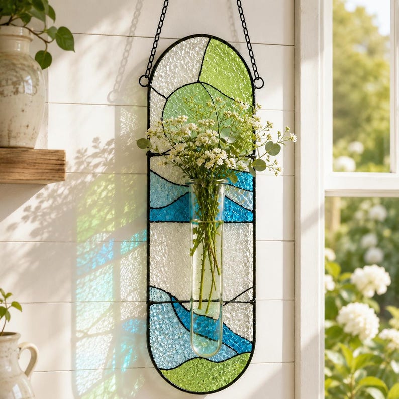 Hängende Glas-Vermehrungsvase Suncatcher, Fensterdeko, handgefertigter Pflanzenhalter, 3 Designs