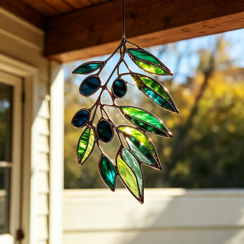 Buntglas Sonnenfänger Olivenzweig grünes Blatt Fensterhänger botanische Dekoration