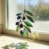 Buntglas Sonnenfänger Olivenzweig grünes Blatt Fensterhänger botanische Dekoration
