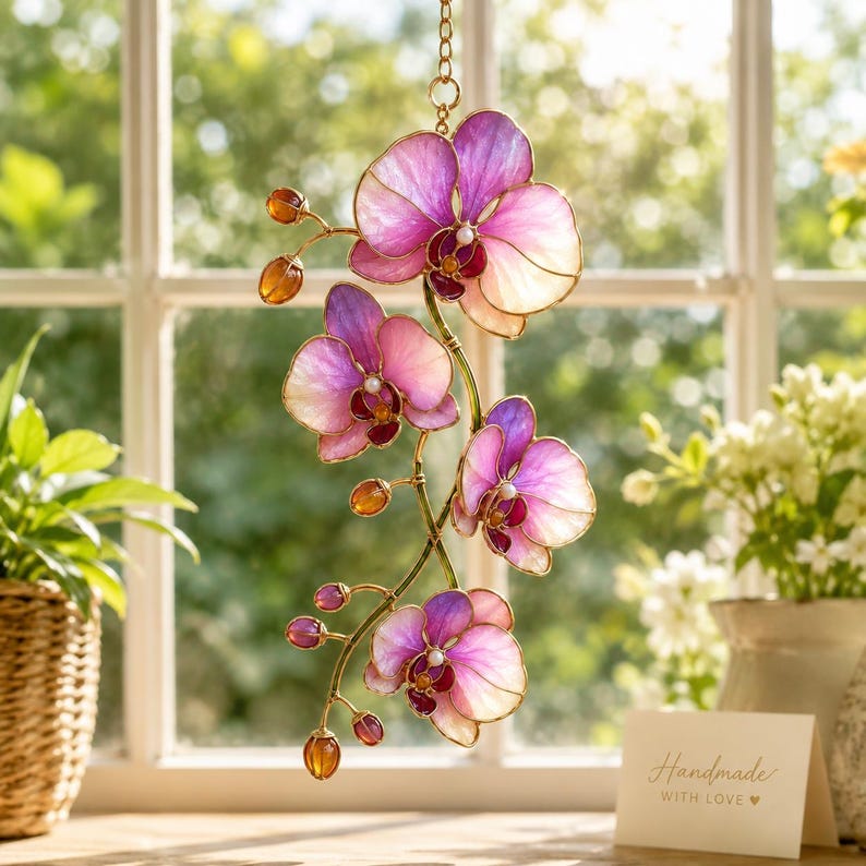 Wellenförmiger Acryl-Orchideen-Sonnenfänger, rosa-lila, Fensterhänger, exotische Blume