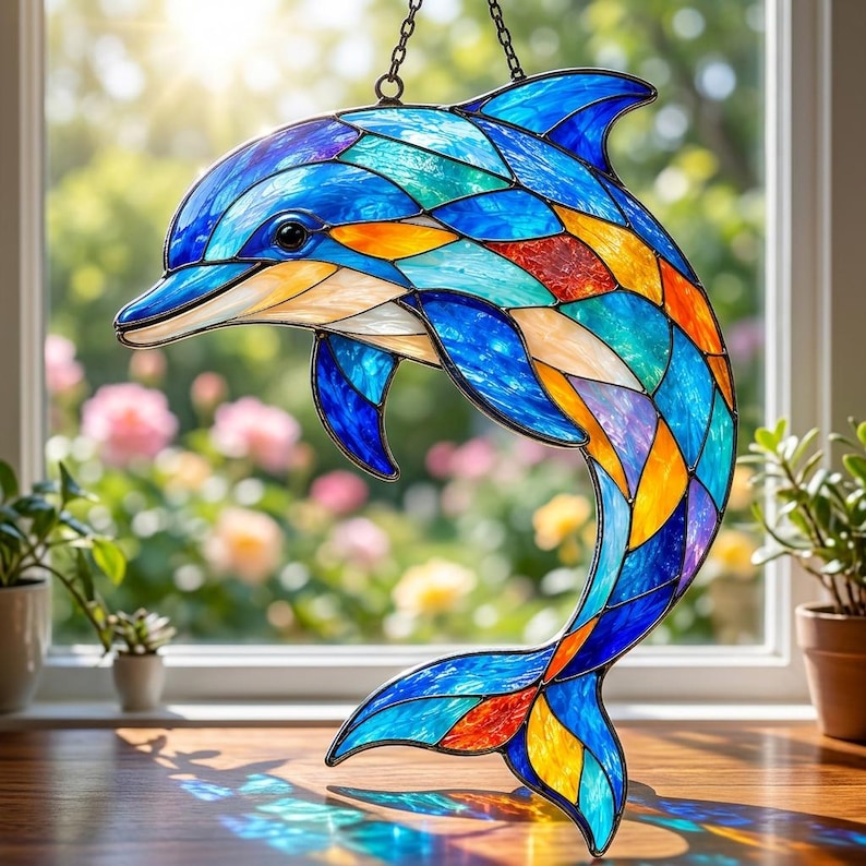Acryl Delfin-Sonnenfänger, Wandbehang Buntglasoptik, maritimes Kunstdekor, 10-45 cm