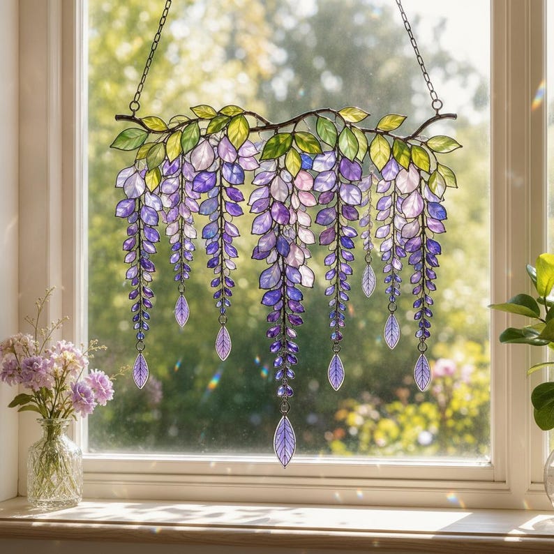 Glyzinien Suncatcher Acryl Fensterbehang Faux Buntglas Lila Blume Dekor