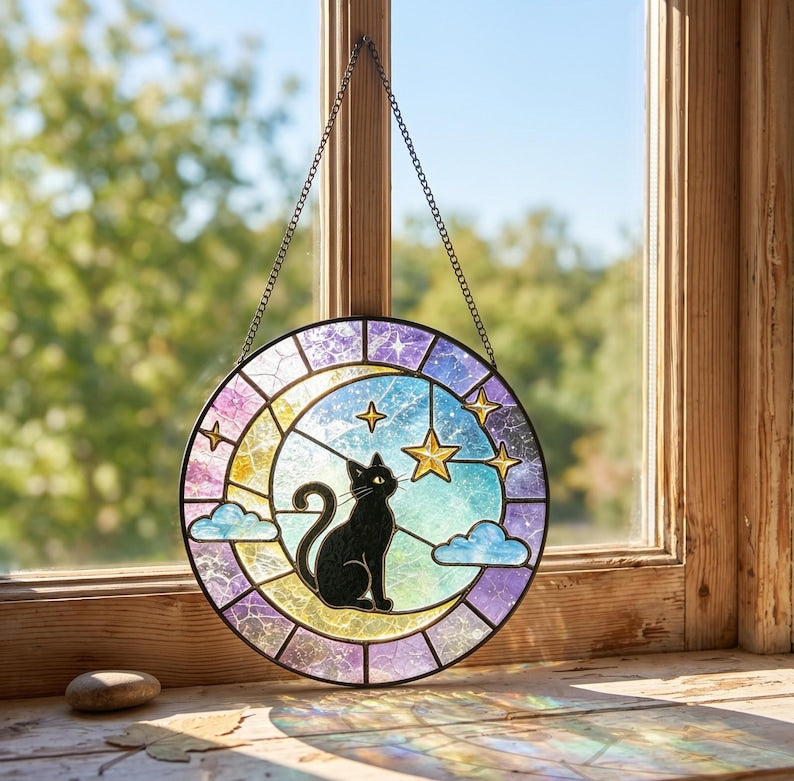Schwarze Katze Glasfenster Sonnenfänger mit Sternenmotiv, Monddekoration, 10-30 cm