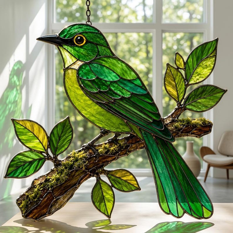 Grüner Vogel Acryl-Sonnenfänger, Fensterdekoration in Buntglasoptik, Naturdeko, Gartenkunst, Terrassendekoration