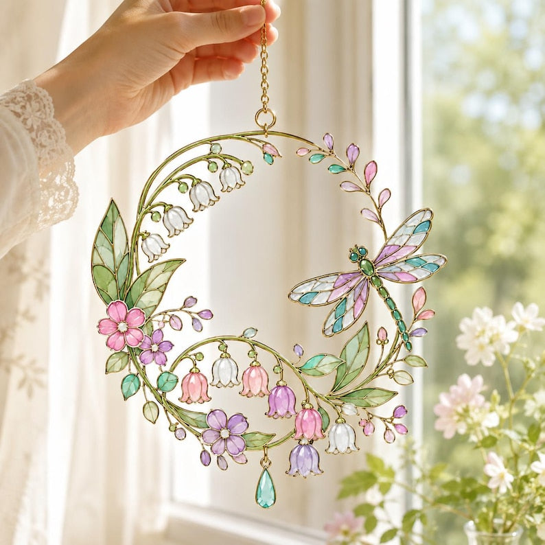 Acryl Sonnenfänger Libelle mit floralem Muster, Fensterhänger Maiglöckchen-Imitation